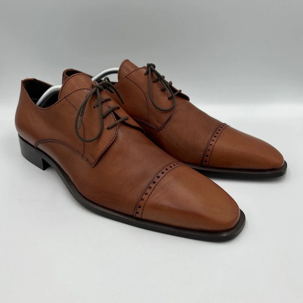 SOULIER Mens Cognac Brown Leather‎ Cap Toe Brogue Derby Shoes Size 43